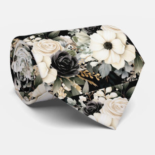 Black and White Flowers Floral Neck Tie
