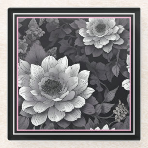 Black and White Flowers Glass Coaster