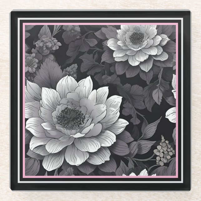 Black and White Flowers Glass Coaster (Front)