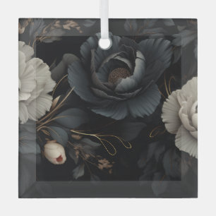 Black and White Flowers Glass Ornament