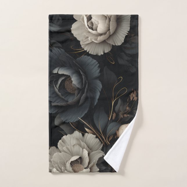 Black and White Flowers Hand Towel (Hand Towel)