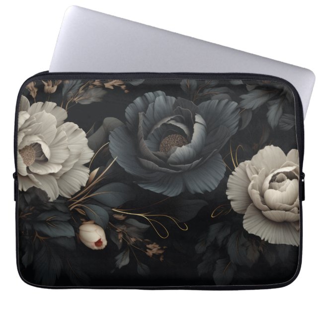 Black and White Flowers Laptop Sleeve (Front)