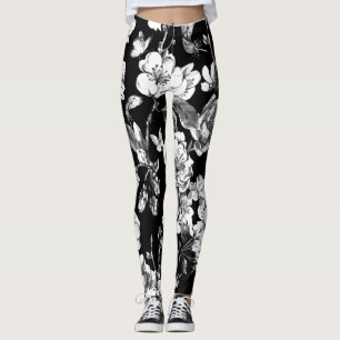 black and white flowers leggings