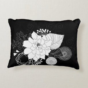 Black And White Flowers On A Black Background Decorative Pillow
