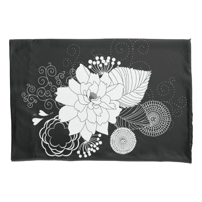 Black And White Flowers On A Black Background Pillowcase (Front)