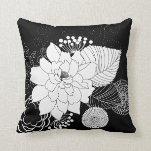 Black And White Flowers On A Black Background Throw Pillow