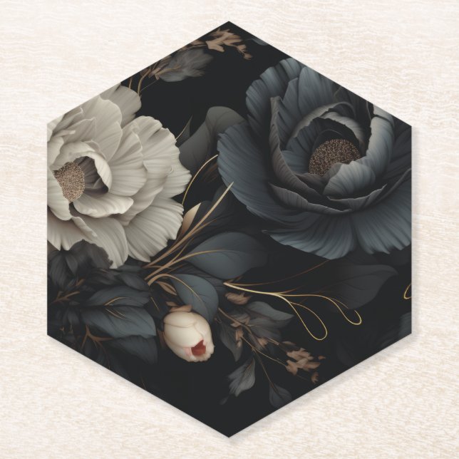 Black and White Flowers Paper Coaster (Front)