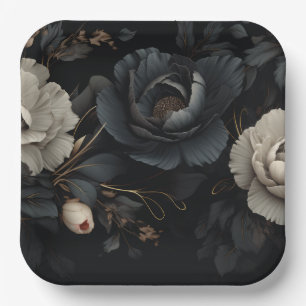 Black and White Flowers Paper Plate