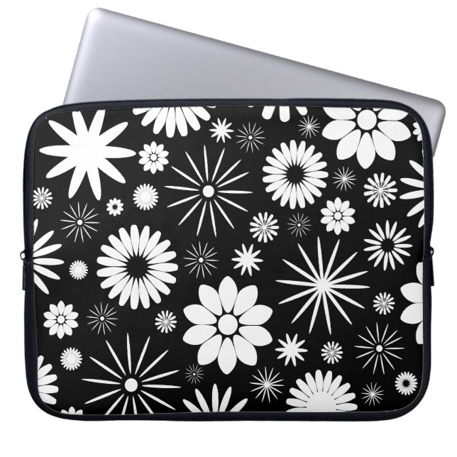 Black and White Flowers Pattern Laptop Sleeve (Front)