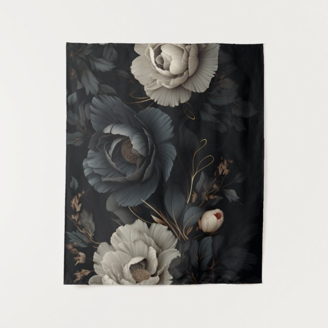 Black and White Flowers Tapestry (Front)
