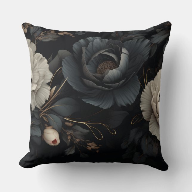 Black and White Flowers Throw Pillow (Front)