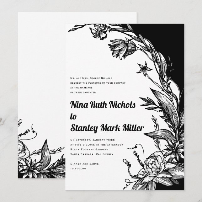Black and white flowers typography floral wedding invitation (Front/Back)