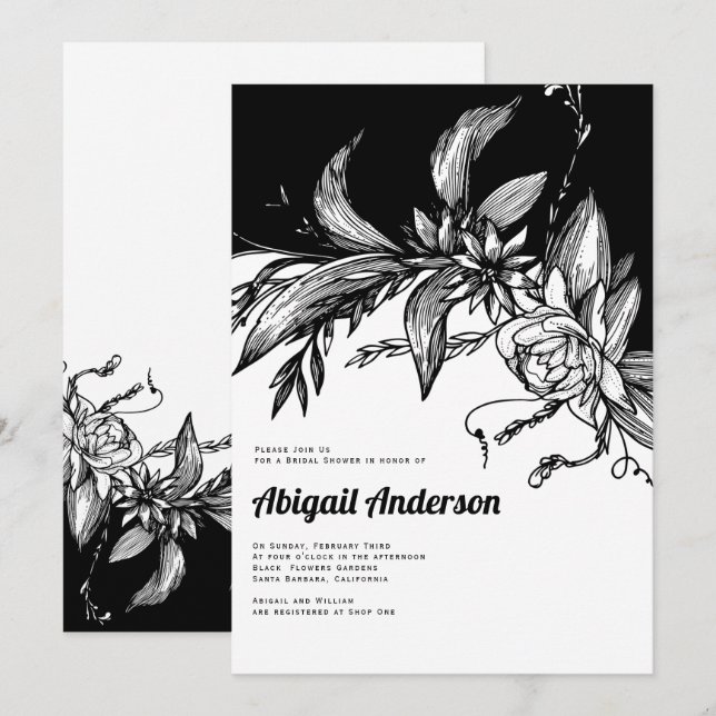 Black and white flowers wedding bridal shower invitation (Front/Back)