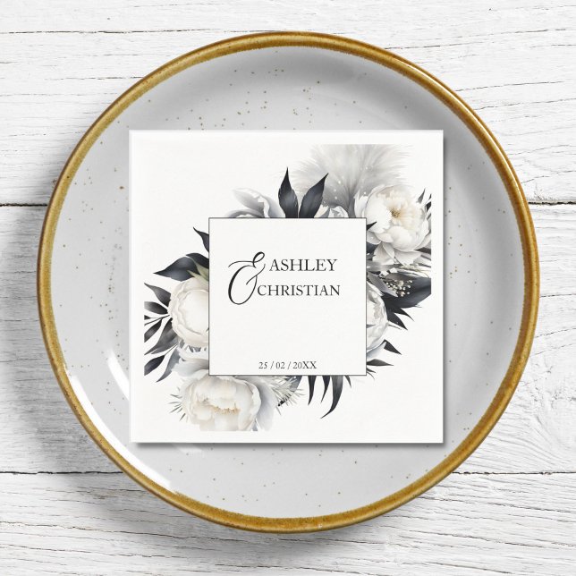 Black and white flowers wedding template napkin (Black and white peony flowers personalized wedding tableware template napkins)