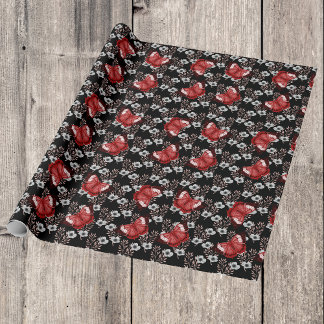 Black and White Flowers With Red Butterflies Wrapping Paper