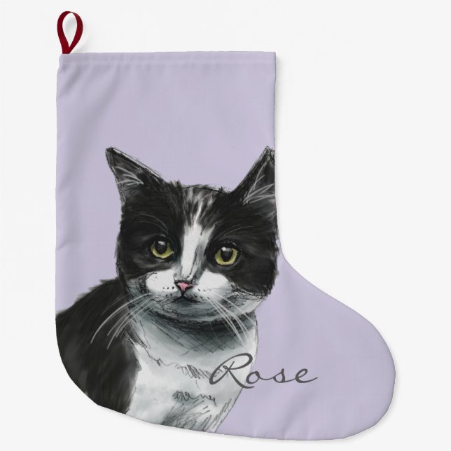 Black and White Fluffy Cat Drawing Large Christmas Stocking (Front)