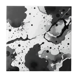 Black and White Fluid Ink Patterns with Splatters Tile