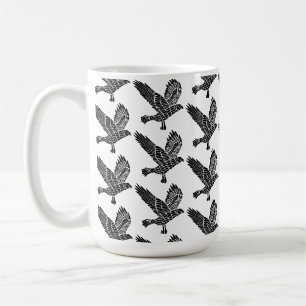 Black and White Flying Raven Lino Cut Coffee Mug
