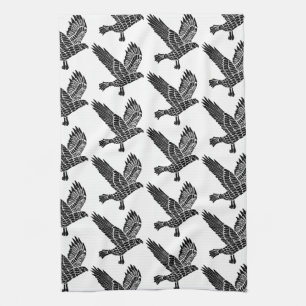 Black and White Flying Raven Lino Cut Kitchen Towel