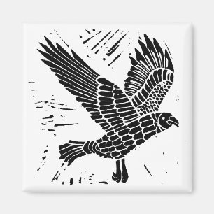Black and White Flying Raven Lino Cut Magnet