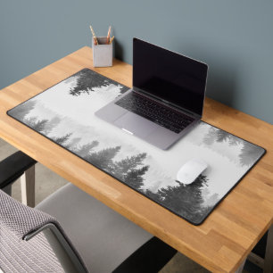 Black and white foggy mirrored forest desk mat