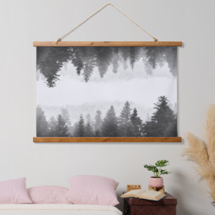 Black and white foggy mirrored forest hanging tapestry