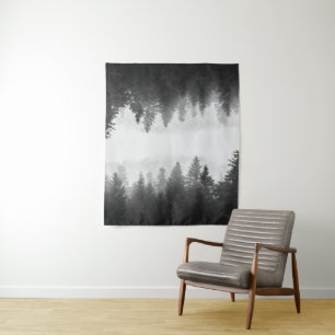 Black and white foggy mirrored forest tapestry
