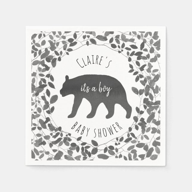 Black and White Foliage Bear Cub Baby Shower Napkin (Front)