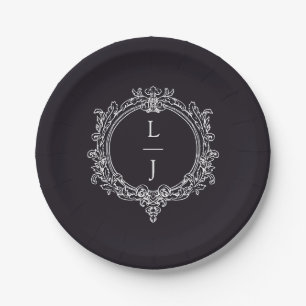 black and white foliage Crest wedding Paper Plate