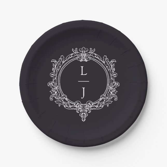black and white foliage Crest wedding Paper Plate (Front)