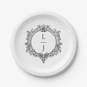 black and white foliage Crest wedding Paper Plate