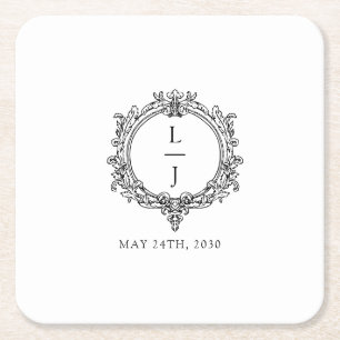 black and white foliage Crest wedding Square Paper Coaster