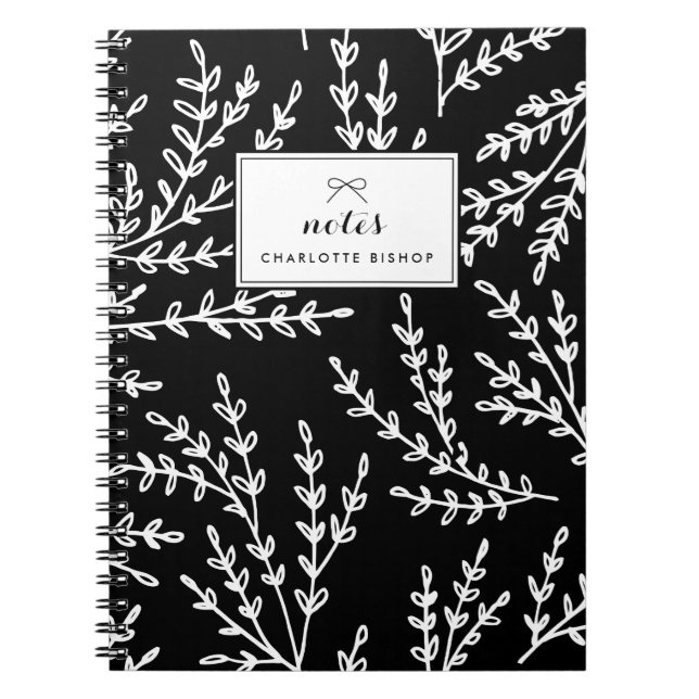 Black and White Foliage Pattern Personalized Notebook (Front)