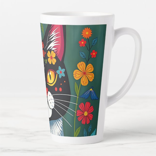 Black and White Folk Art Cat and Flowers Whimsical Latte Mug (Right)