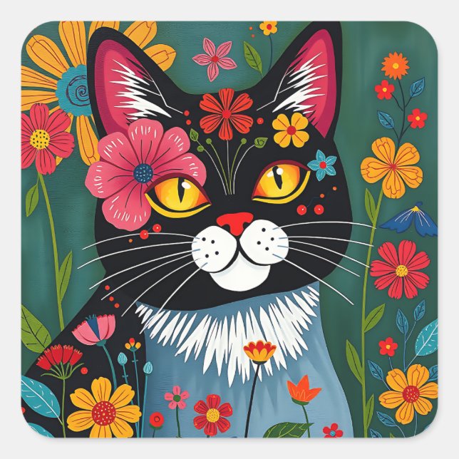 Black and White Folk Art Cat and Flowers Whimsical Square Sticker (Front)