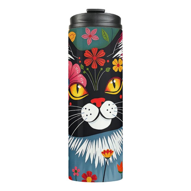 Black and White Folk Art Cat and Flowers Whimsical Thermal Tumbler (Front)