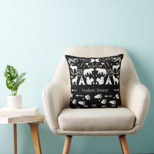 Black and White Forest Creatures Animal Tracks Throw Pillow