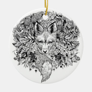 Black and white fox in the forest ceramic ornament
