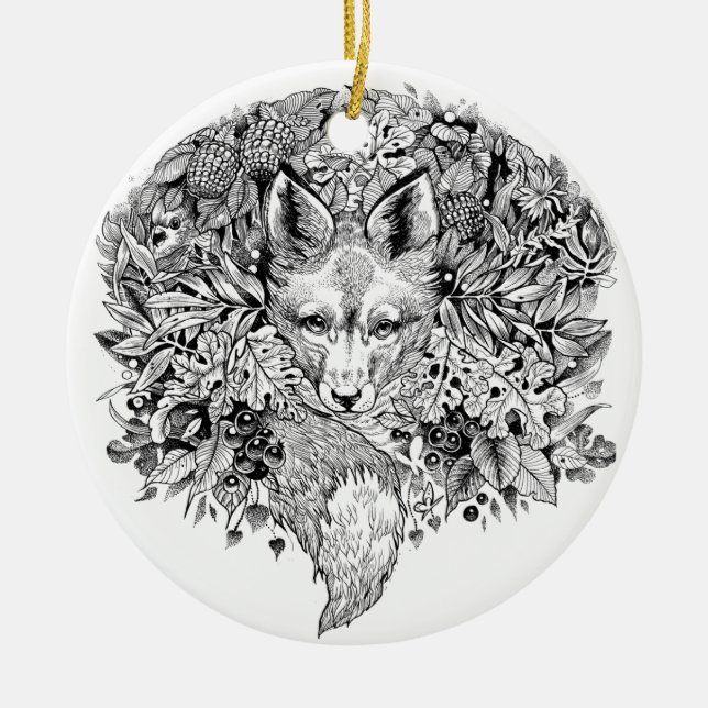 Black and white fox in the forest ceramic ornament (Front)