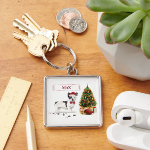 Black and White French Bulldog Christmas Dog  Keychain