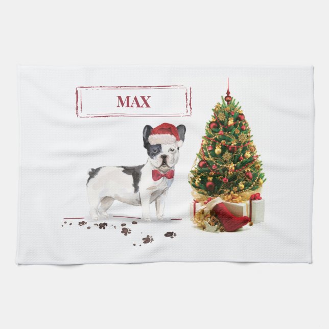 Black and White French Bulldog Christmas Dog  Kitchen Towel (Horizontal)