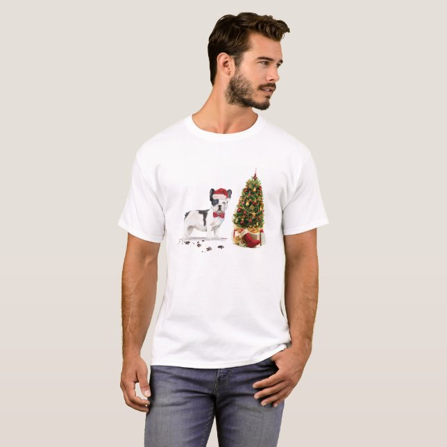 Black and White French Bulldog Christmas Dog  T-Shirt (Front Full)