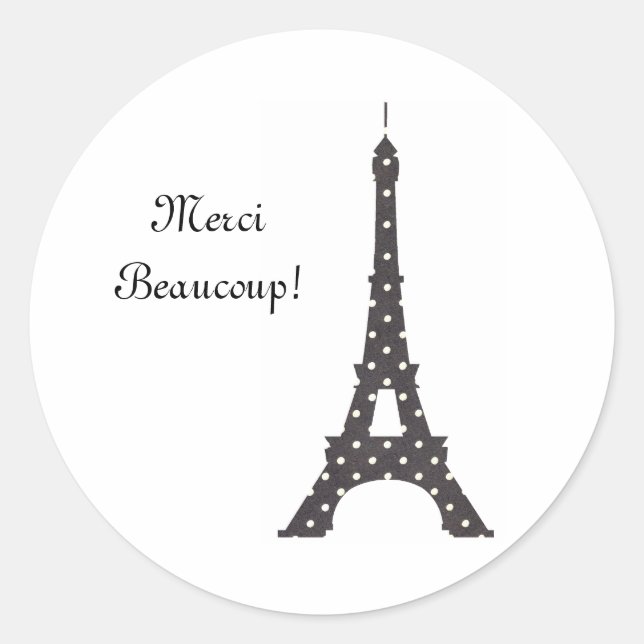 Black and White French Polka Dots Eiffel Tower Classic Round Sticker (Front)
