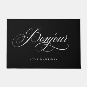 Black and White French Script   Bonjour Doormat