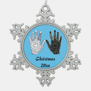 Black and White Friendship Hands Personalizable Snowflake Pewter Christmas Ornament