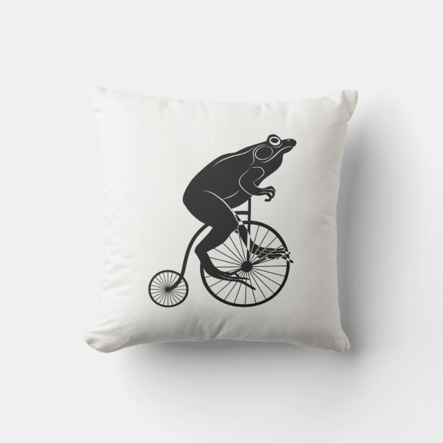 Black and White Frog or Toad on a Bike Throw Pillow (Front)
