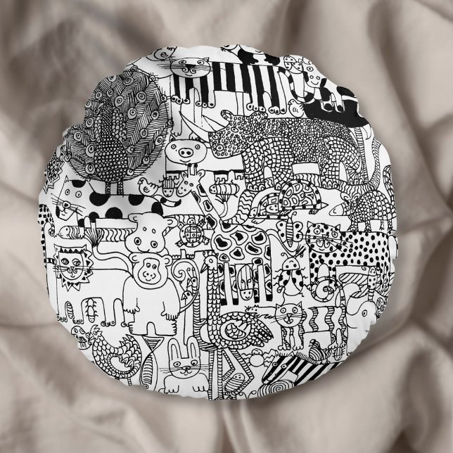 Black and White Fun Wild Animals Art Round Pillow (Creator Uploaded)