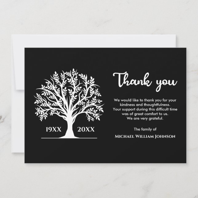 Black And White Funeral Memorial Tree Of Life Thank You Card (Front)