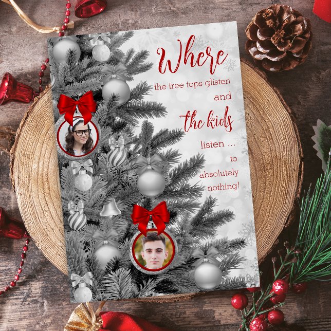 Black and White Funny Cute Family Kids Christmas Holiday Card (Funny black and white with red bows where the tree tops glisten kids christmas cards for family)
