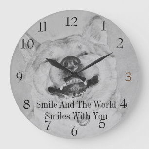 black  and white funny piture of akita smiling dog large clock